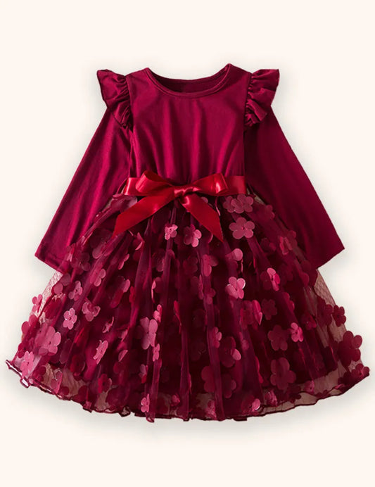 3D Flower Long Sleeve Tulle Dress