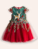 Festival Reindeer Embroidery Tulle Dress