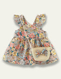 Flower Printed Sleeveless Dress+Floral Bow Bag