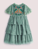 Green Frill Sleeve Tulle Embroidered Party Dress