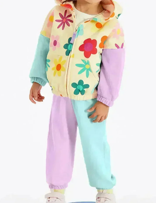 Flower Printed Colorblocked Coat Set