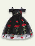 Off Shoulder Rose Embroidered Mesh Party Dress