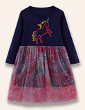 Unicorn Printed Appliqué Starry Tulle Dress