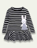 Easter Bunny Appliqué Striped Long Sleeve Dress - Bebehanna