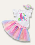 Easter Cartoon Bunny Egg Embroidered Pleated Romper+Rainbow Tulle Skirt - Bebehanna