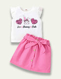 Easter Heart Bunny Printed Sleeveless Pleated T-Shirt+Skirt