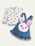 Easter Heart Printed Long Sleeve T-Shirt+Rabbit Strap Dress