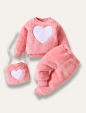Heart Embroidered Flannel Suit+Bag - Bebehanna