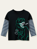 Angry Dinosaur Printed Fake Two-Piece Long-Sleeved T-shirt - Bebehanna
