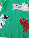 Appliqué Short Sleeve Dress Highland Green Cats - Bebehanna