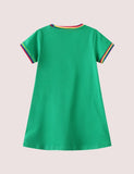 Appliqué Short Sleeve Dress Highland Green Cats - Bebehanna