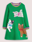 Appliqué Short Sleeve Dress Highland Green Cats - Bebehanna