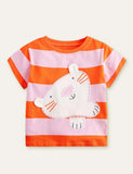 Cat Appliqué Embroidered Striped T-shirt - Bebehanna