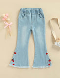 Cherry Embroidered Denim Bell-Bottom Pants - Bebehanna