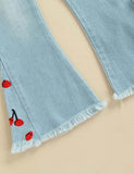 Cherry Embroidered Denim Bell-Bottom Pants - Bebehanna