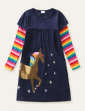 Sequined Unicorn Appliqué Star Embroidered Rainbow Dress - Bebehanna