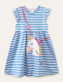 Unicorn Appliqué Embroidered Striped Dress - Bebehanna