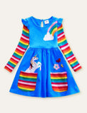 Unicorn Flowers Appliqué Rainbow Long Sleeve Dress - Bebehanna