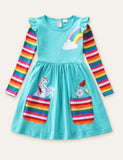 Unicorn Flowers Appliqué Rainbow Long Sleeve Dress - Bebehanna